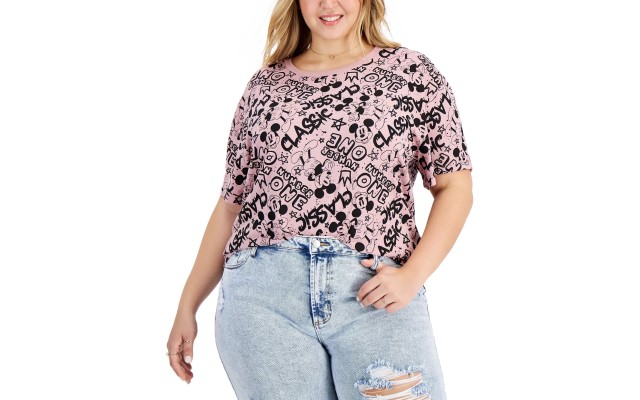  Womens Plus Size Cotton Ribbed Printed Short Sleeve Round Neck T-Shirt, Pink, 1X