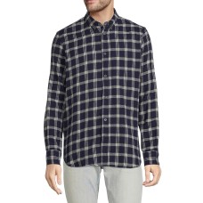 French Connection Men’s Checked Button Down Shirt, Navy Gray, X-Large