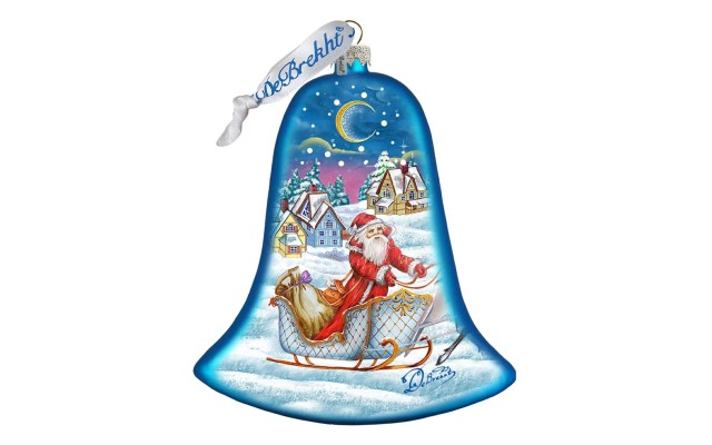  Santa Sleigh Bell Glass Ornament, Blue, 3''