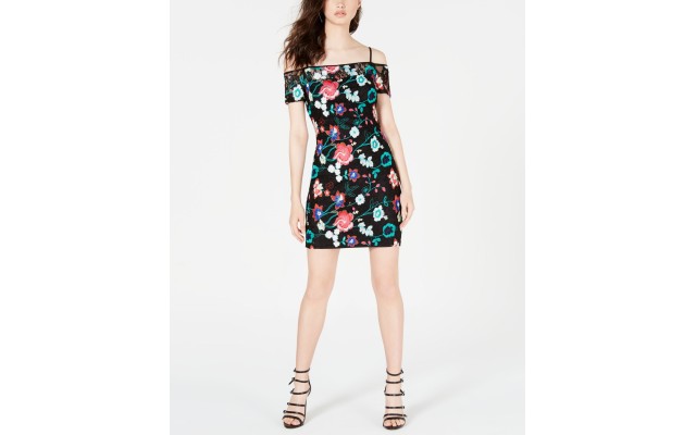  Womens Lace Off-The-Shoulder Cocktail Dress, Black/0