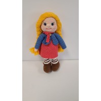 Handmade Amigurumi Crochet Wool Long Short Braided Hair Girls For Fun Game, Girl With Blue Jacket, 4.72 inches