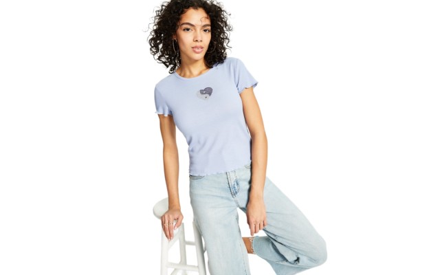  Juniors’ Crewneck Short-Sleeve Rhinestone T-Shirt, Blue, Medium