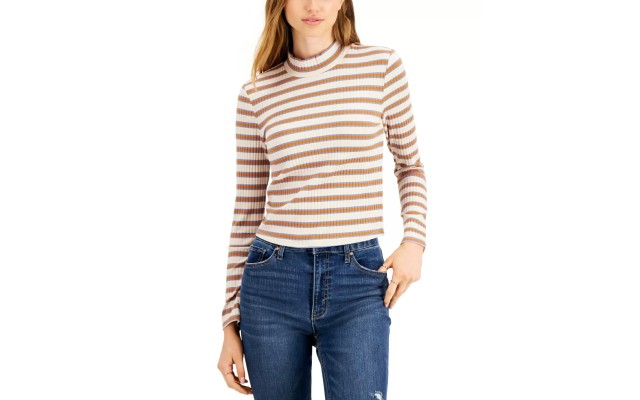  Juniors Mock Neck Ribbed Striped T-Shirts, Brown, Medium