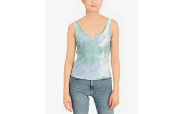  Juniors’ Notched V-Neck Rib-Knit Tank Top, Jade, Medium