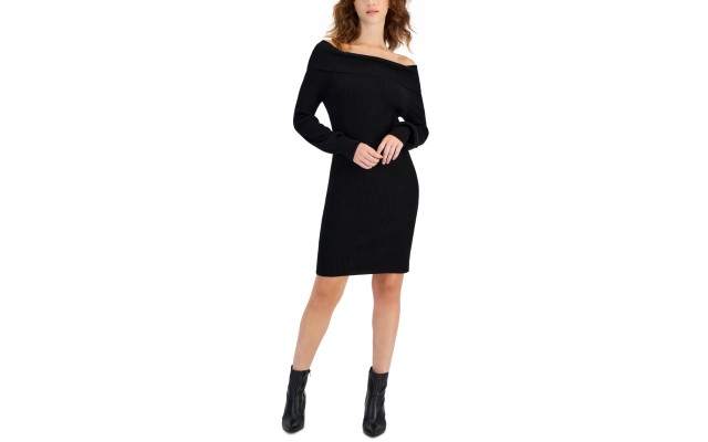  Juniors’ Off-the-Shoulder Long-Sleeve Sweater Dress – Black, X-Small