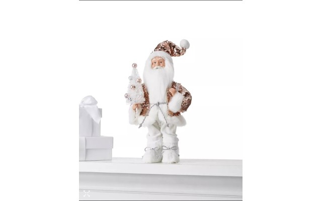 Holiday Lane 12″H Fabric Standing Santa In Pink Sequin and White Furry Outfit