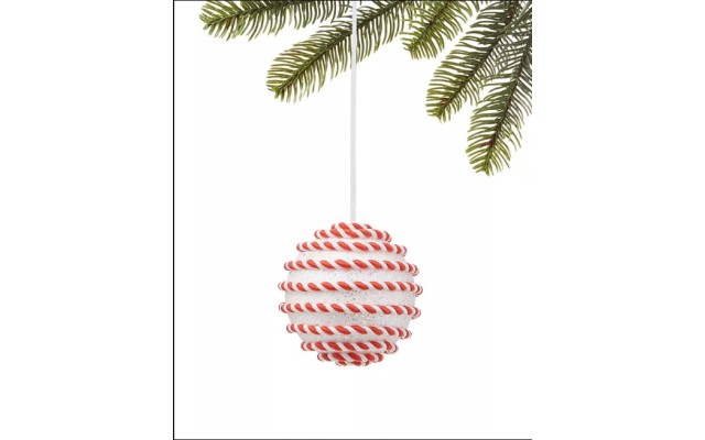 Holiday Lane Christmas Cheer White Ball with Red and White Rope Design Ornament