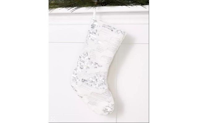 Holiday Lane Plush White Stocking with Silver Sequins