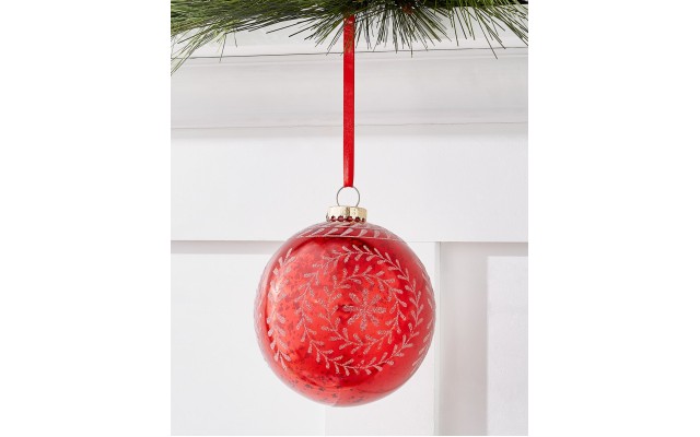  Ruby Red Holiday Oversized Red Flocked Floral Ball Ornament