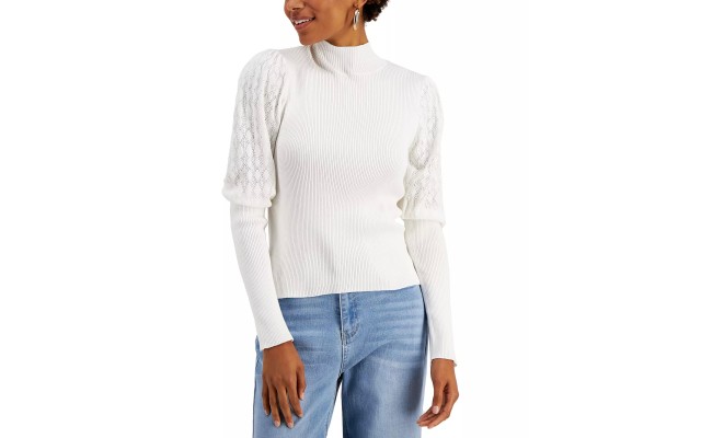  Juniors’ Pointelle-Sleeve Sweater, Spiritual Vanilla, Medium