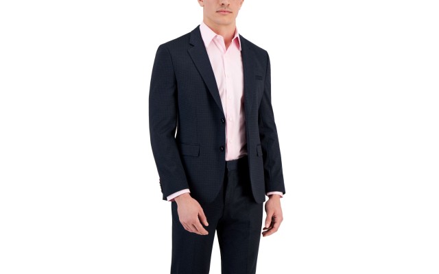  Men’s Modern-Fit Stretch Mini-Check Suit Jacket, Navy, 42L