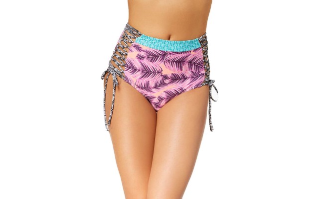  Women's Lace Up Tie Sides High Waist Bikini Bottom  Swimsuit, Leaf Breeze Printed, X-Small