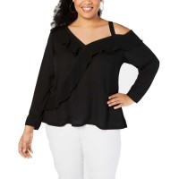 INC International Concepts Asymmetrical-Ruffle Knit Top (Black, 1X Plus)