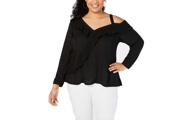  Asymmetrical-Ruffle Knit Top (Black, 1X Plus)