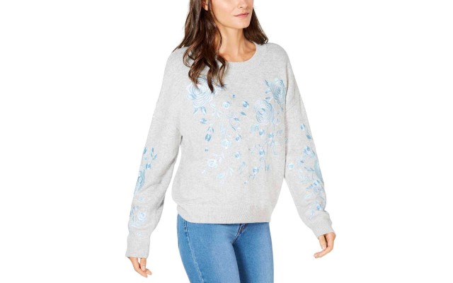  Embroidered Crew-Neck Sweater (M, Heather Belle Grey)