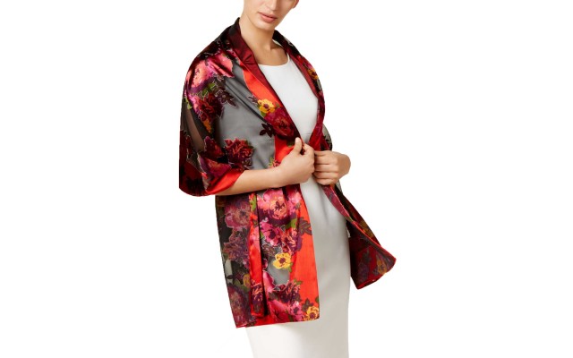  Floral Satin Burnout Wrap (Red, One Size)