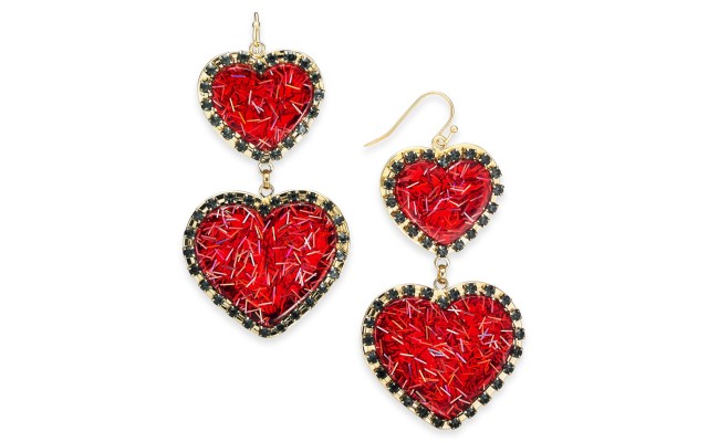  Gold-Tone Resin Heart Double Drop Earrings (Red)