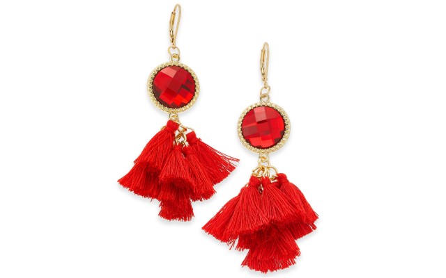  Gold-Tone Stone & Tassel Drop Earrings, Red, 3
