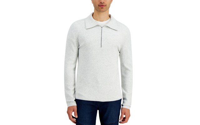  Men’s Regular-Fit Ribbed 1/4-Zip Sweater, Gray Heather, Small