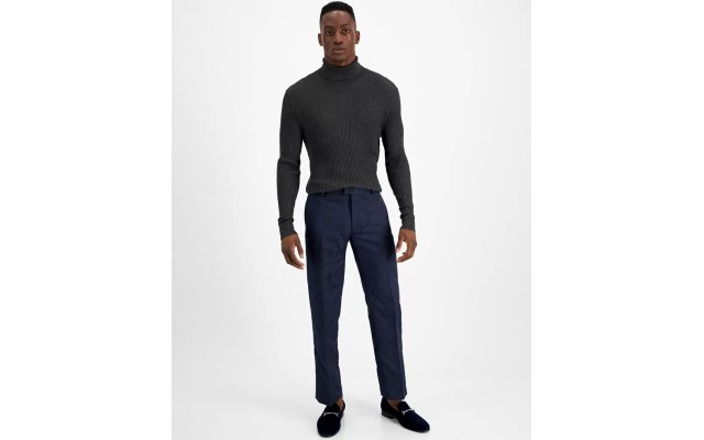  Men’s Slim-Fit Vintage Brocade Jacquard Pattern Pants, Navy, 32