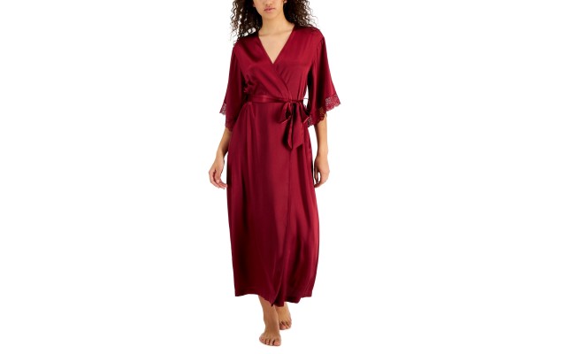  Satin Lace-Trim Long Wrap Robe, Rhododendron, XX-Large