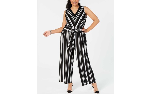  Sleeveless Striped Jumpsuit (Blk/Wht, 1X)
