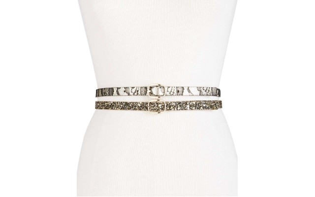  Women’s Glitter & Lace 2-for-1 Skinny Reversible Belts, Gold, Large
