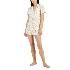 INC International Concepts Women’s 2-Pc. Stretch Satin Notch Collar Pajamas Set, Celia Chain, x-Small