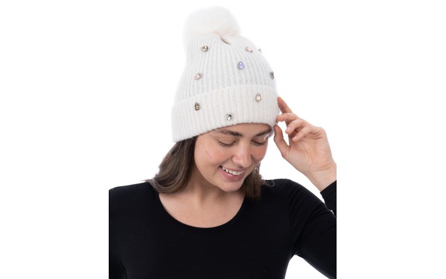  Women’s Embellished Beanie, Ivory
