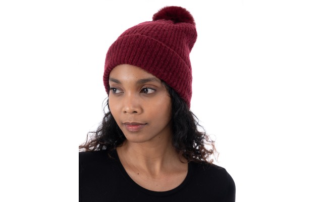  Women’s Faux-Fur Pom Pom Beanie, Wine