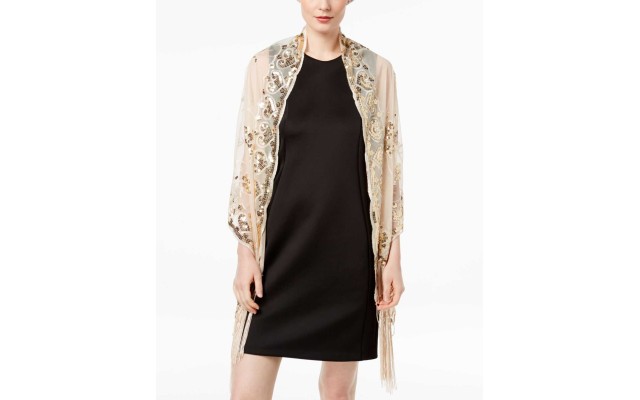  Women’s Floral Sequined Fringe Evening Wrap, Ivory/Gold