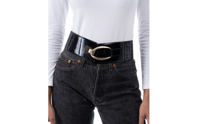  Women’s Interlocking Hook Stretch Belt, Black, Medium/Large