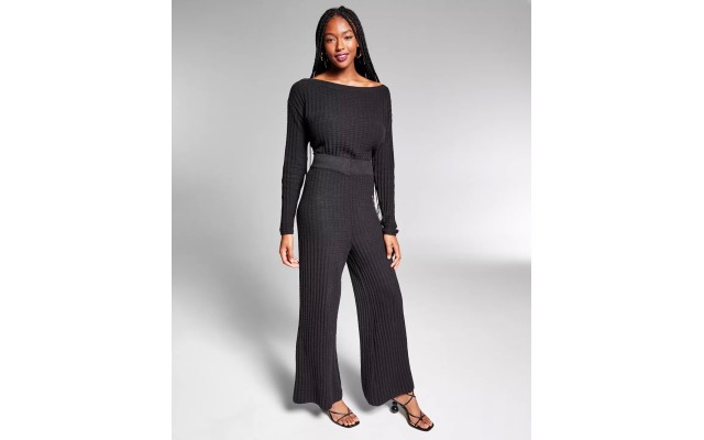  Womens Jeannie Mai Bonet Wide-Leg Knit Pants, Black, X-Large