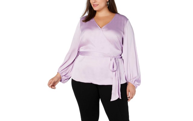  Women’s Plus Size Belted Blouson-Sleeve Pullover Blouse Tops, Liliac, 0X Plus