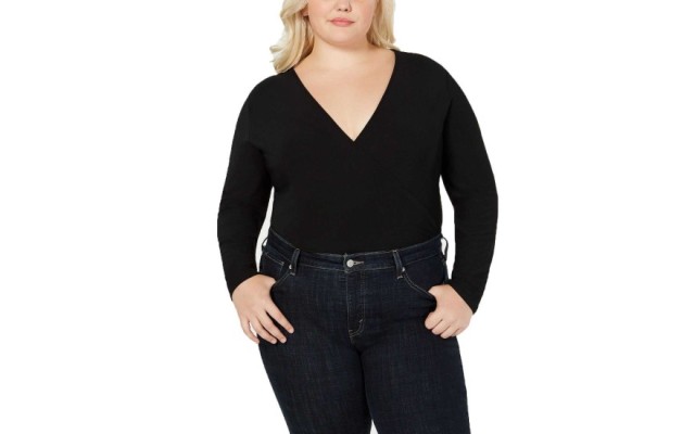  Women’s Plus Size Surplice Long-Sleeve Bodysuit Top Black 2X