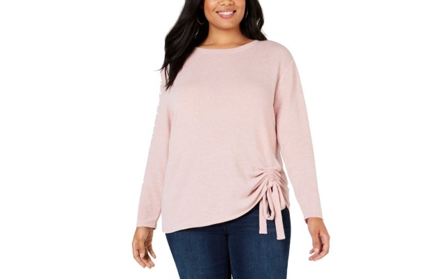  Women’s Plus SizeTunnel-Tie Pullover Blouse T-Shirt Tops, Pastel Pink, 2X Plus