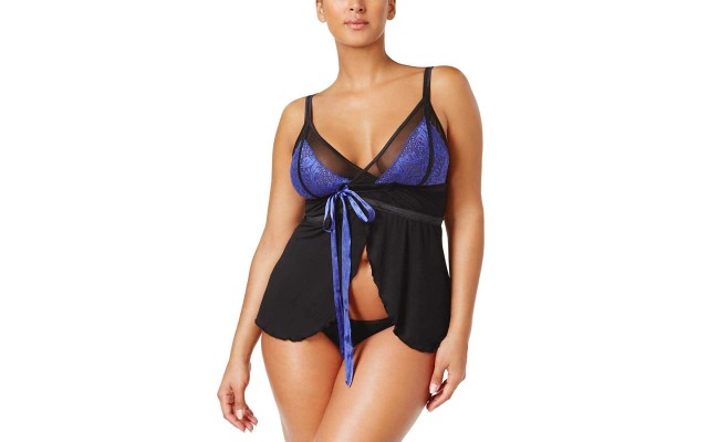  Womens Plus Size Lace Babydoll and Thong, Blue- Black, 3X