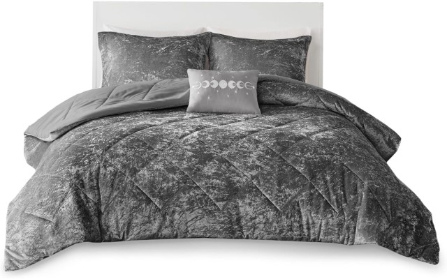  Felicia Velvet 4-Piece Full/Queen Duvet Cover Set – Grey