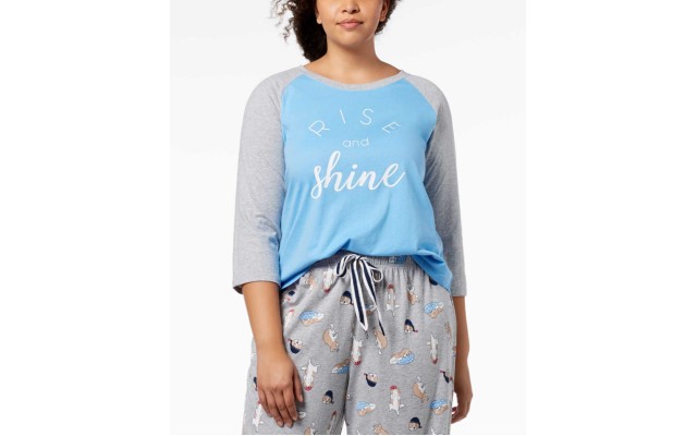  Raglan-Sleeve Graphic Pajama Top (Medium Blue, 2X)