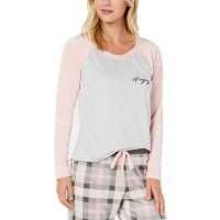 Jenni Velour-Sleeve Pajama Top (Gray/Pink, L)