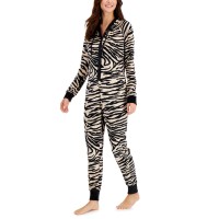 Jenni Womens Hooded Velour One Piece Unionsuit Pajamas, Beige/Black Zebra, XX-Large