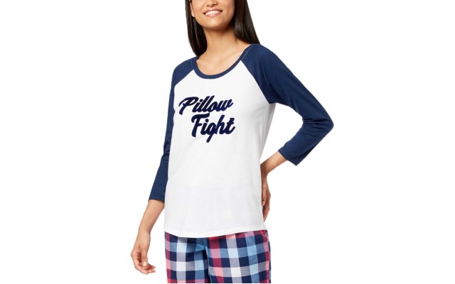  Womens Raglan-Sleeve Graphic Pajama Tops, White/Navy, Medium