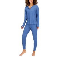 Jenni Women’s Solid Waffle Henley Sleep Top, Blue, Large