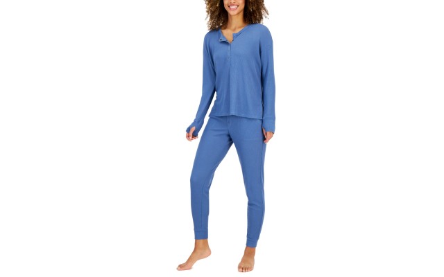 Women’s Solid Waffle Henley Sleep Top, Blue, Large