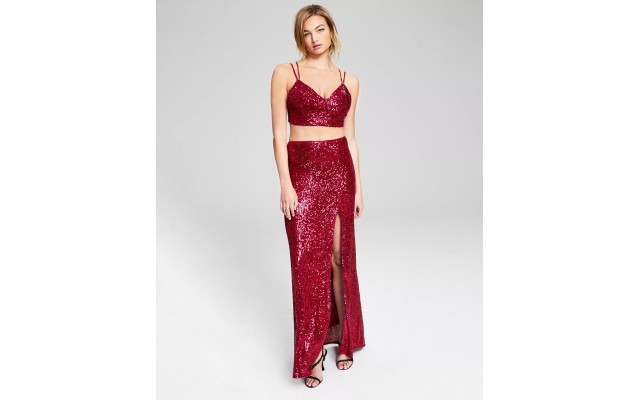  Womens Two-Piece Sequin Gown, Maroon, 3