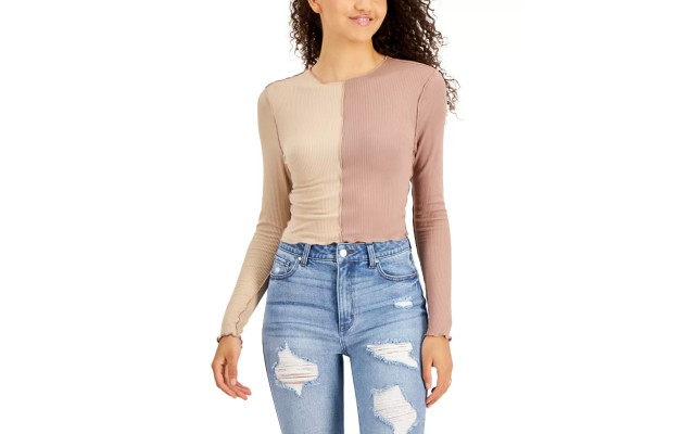  Womens Juniors’ Colorblocked Top, Tan, Small