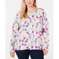 Karen Scott Floral Long Sleeve Crew Neck Cardigan White, White, 0X