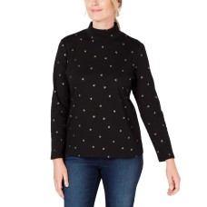 Karen Scott Petite Leaf-Print Top (Deep Black, PXL)