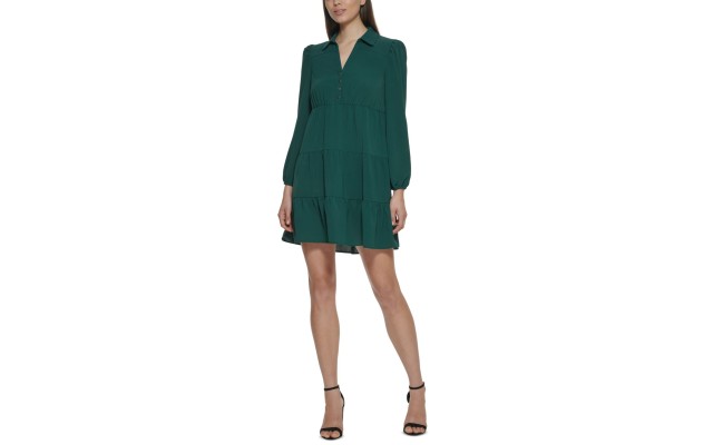  Women’s Collared Tiered Shift Dress, Green, 14