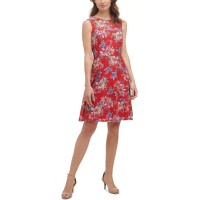 Kensie Womens Floral-Lace Fit & Flare Dress, Red, 6